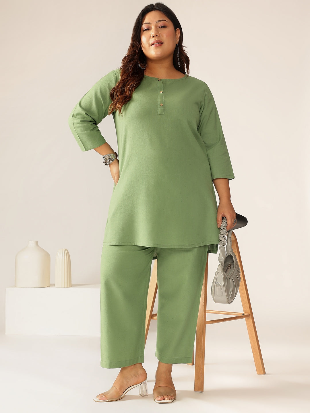 Janasya Dark Cotton Solid A-Line Top & Bottom Set 