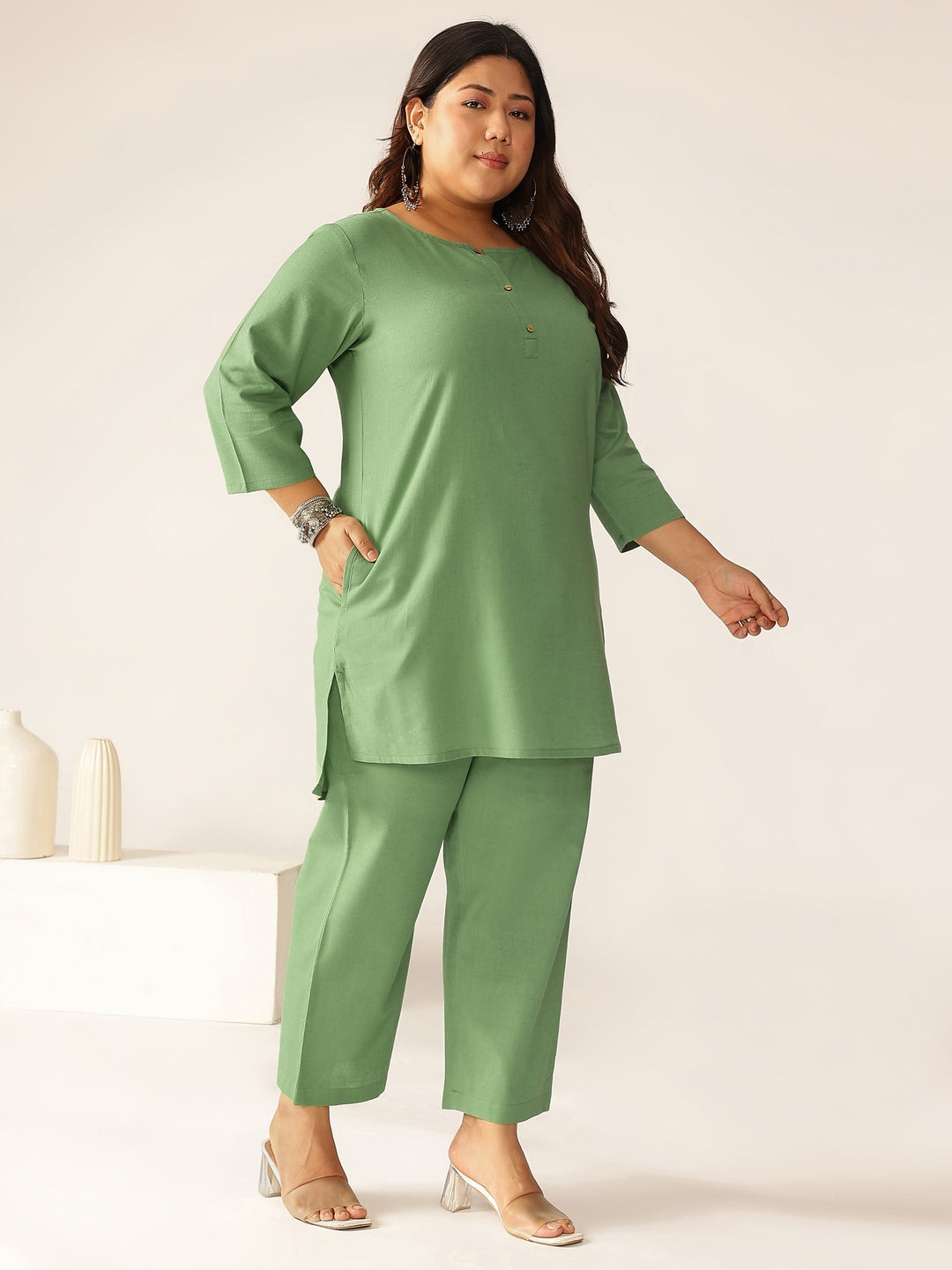 Janasya Dark Cotton Solid A-Line Top & Bottom Set 