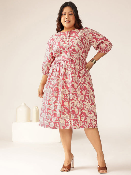 Janasya Dark Cotton Floral Gathered Dress 