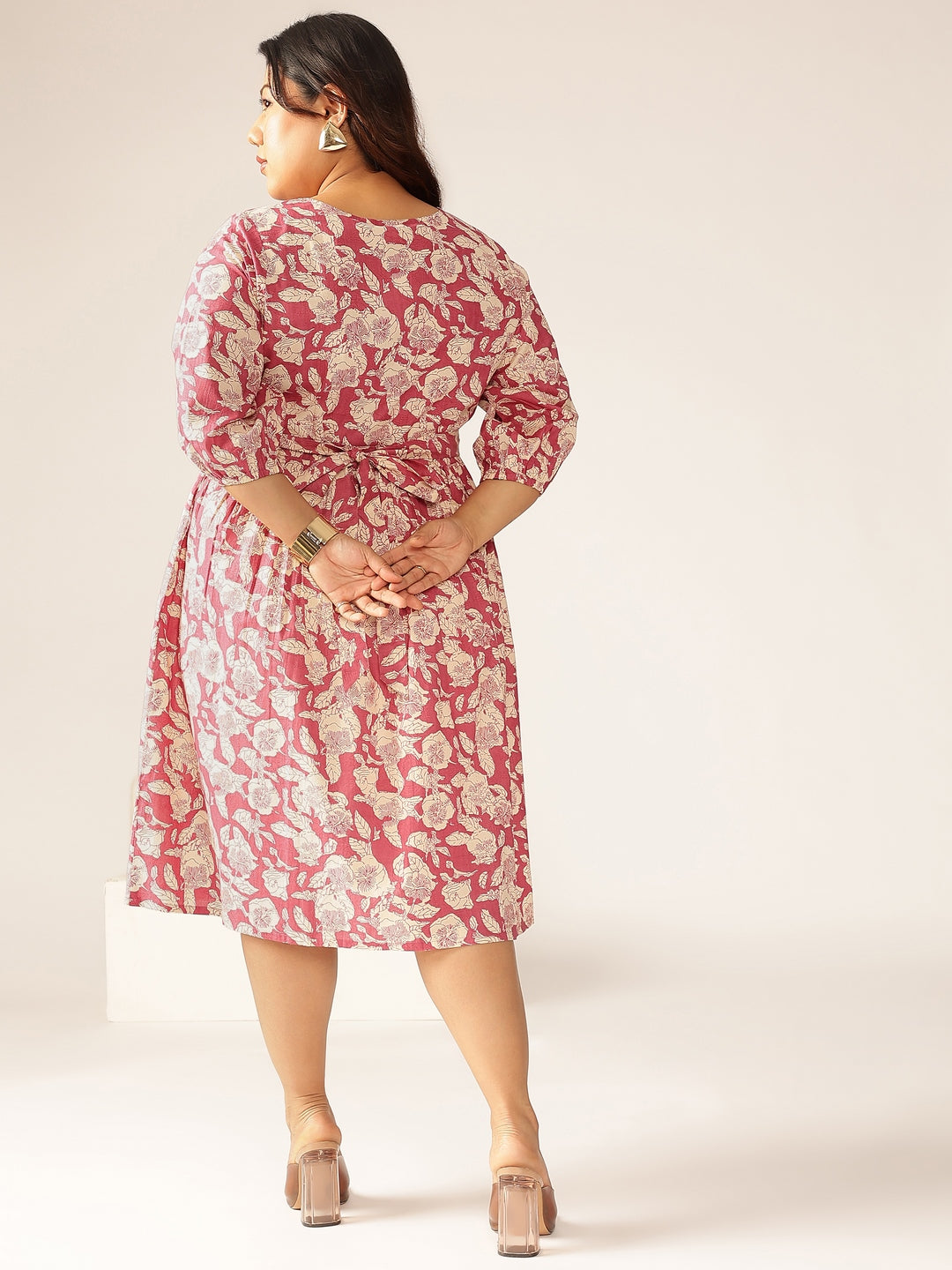 Janasya Dark Cotton Floral Gathered Dress 