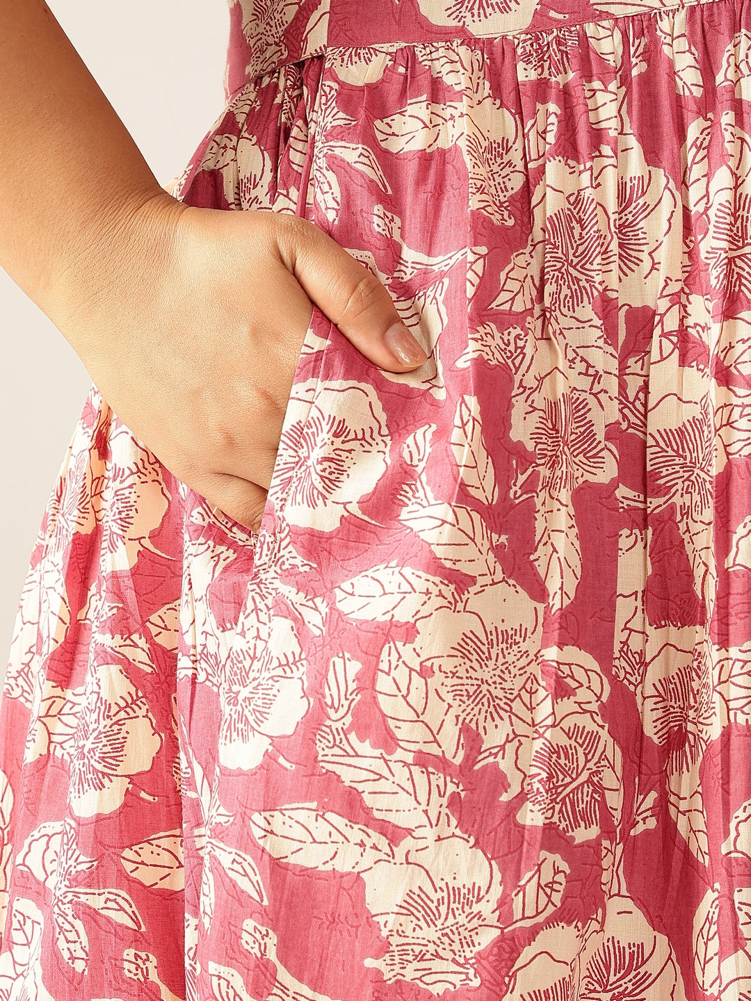 Janasya Dark Cotton Floral Gathered Dress 