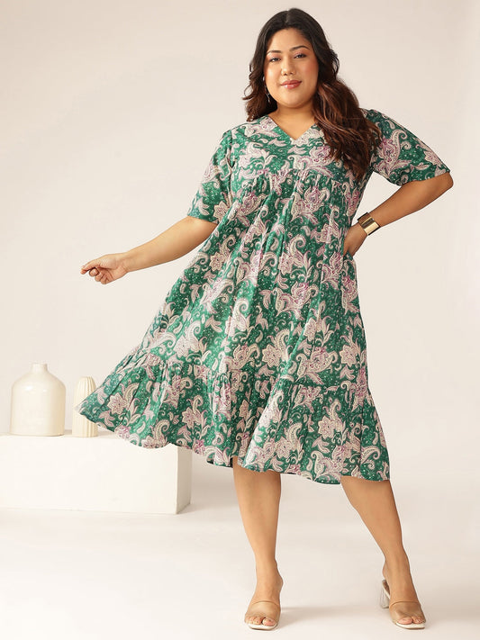 Janasya Dark Cotton Floral Tiered Dress 