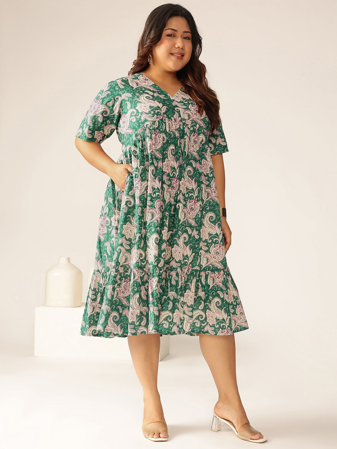 Janasya Dark Cotton Floral Tiered Dress 