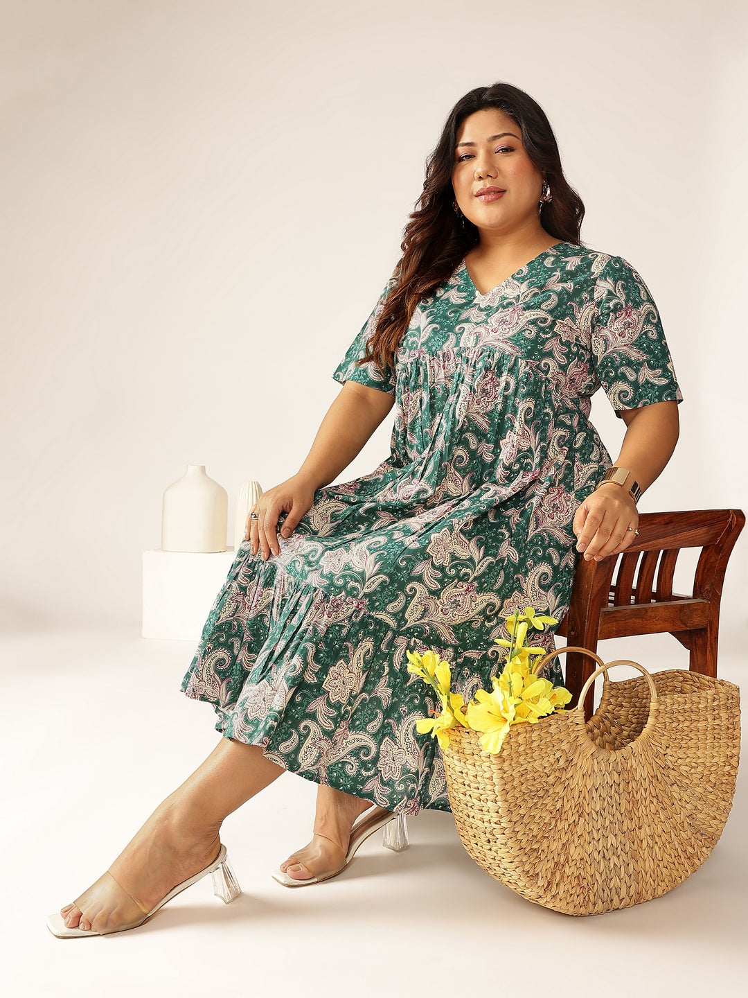 Janasya Dark Cotton Floral Tiered Dress 