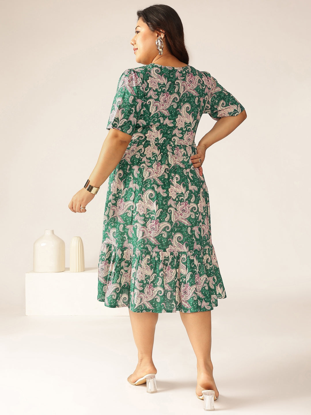 Janasya Dark Cotton Floral Tiered Dress 