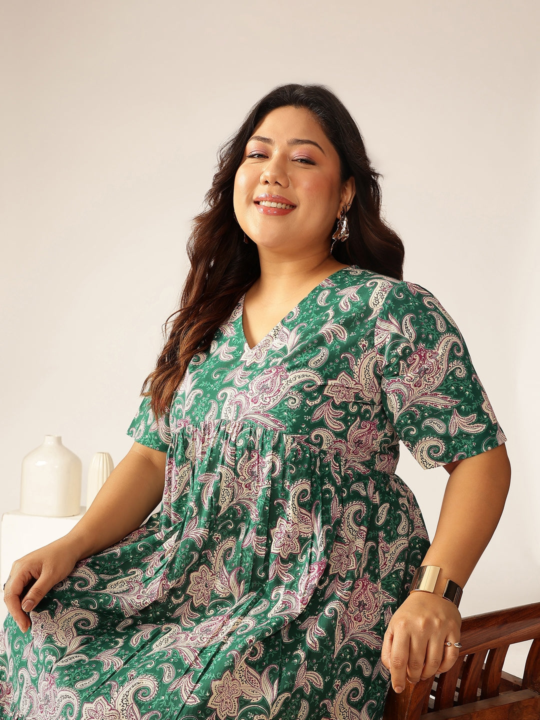 Janasya Dark Cotton Floral Tiered Dress 