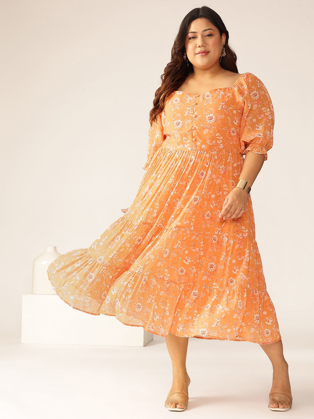 Janasya Bright Georgette Floral Tiered Dress 