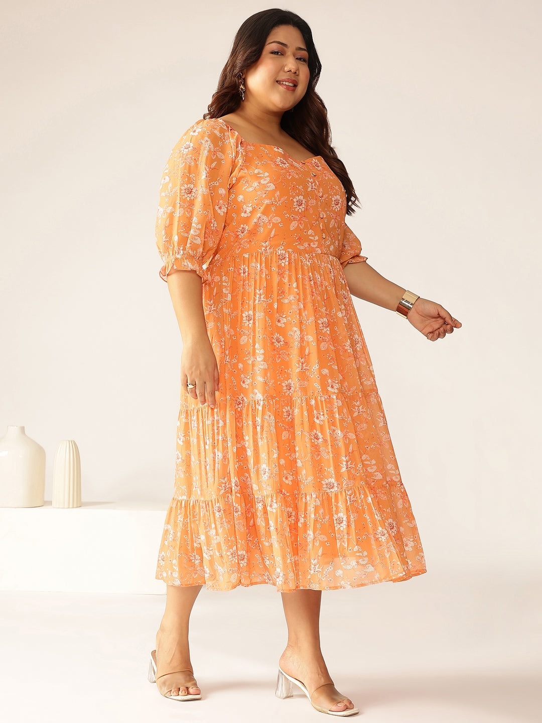 Janasya Bright Georgette Floral Tiered Dress 