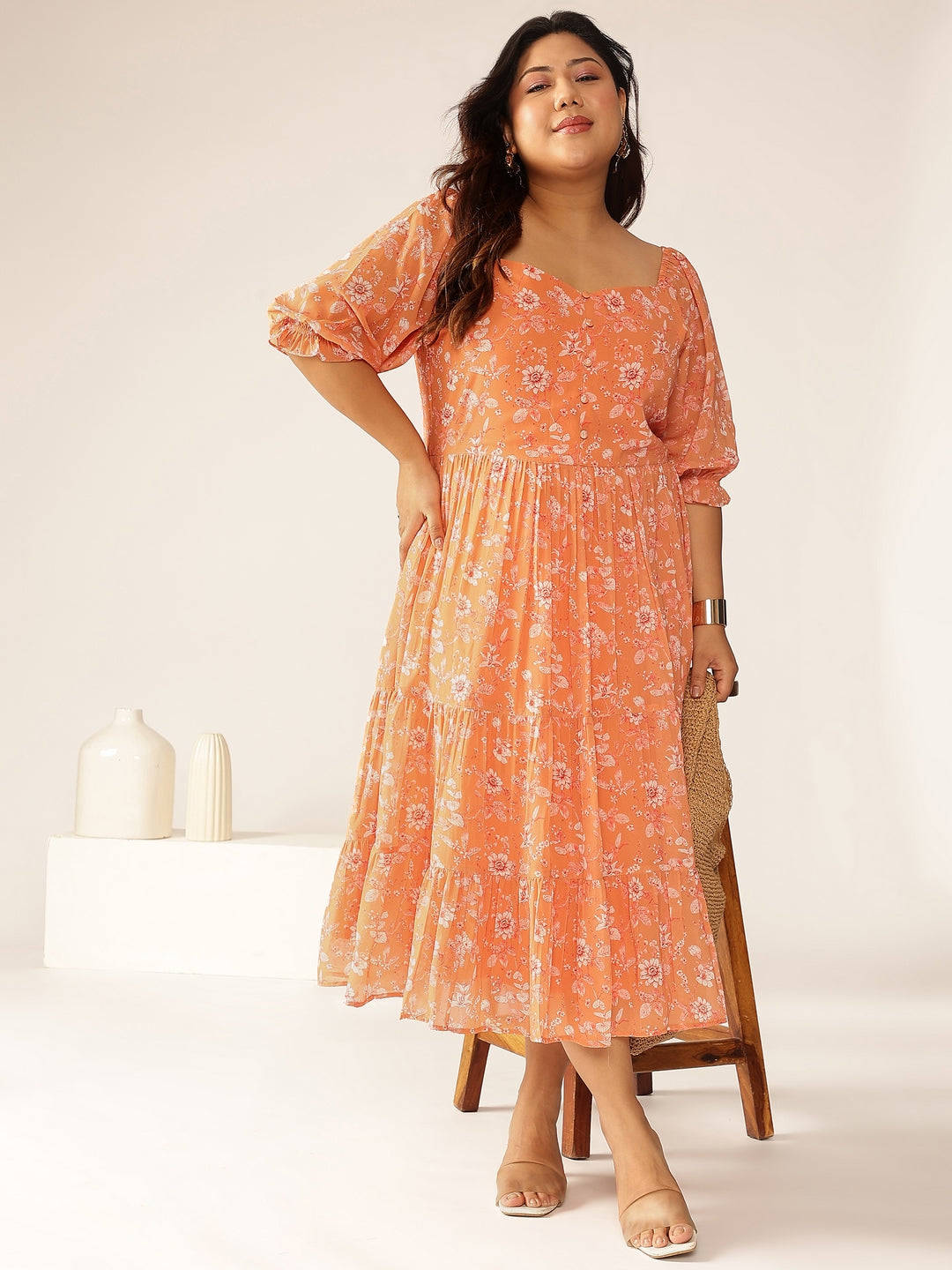 Janasya Bright Georgette Floral Tiered Dress 