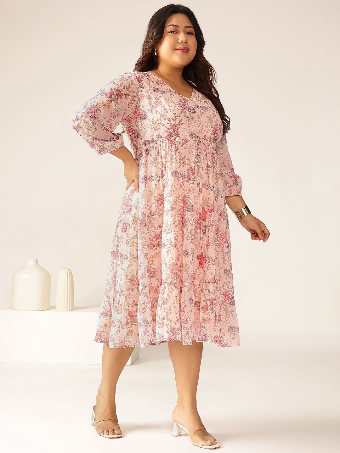Janasya Light Georgette Floral Tiered Dress 