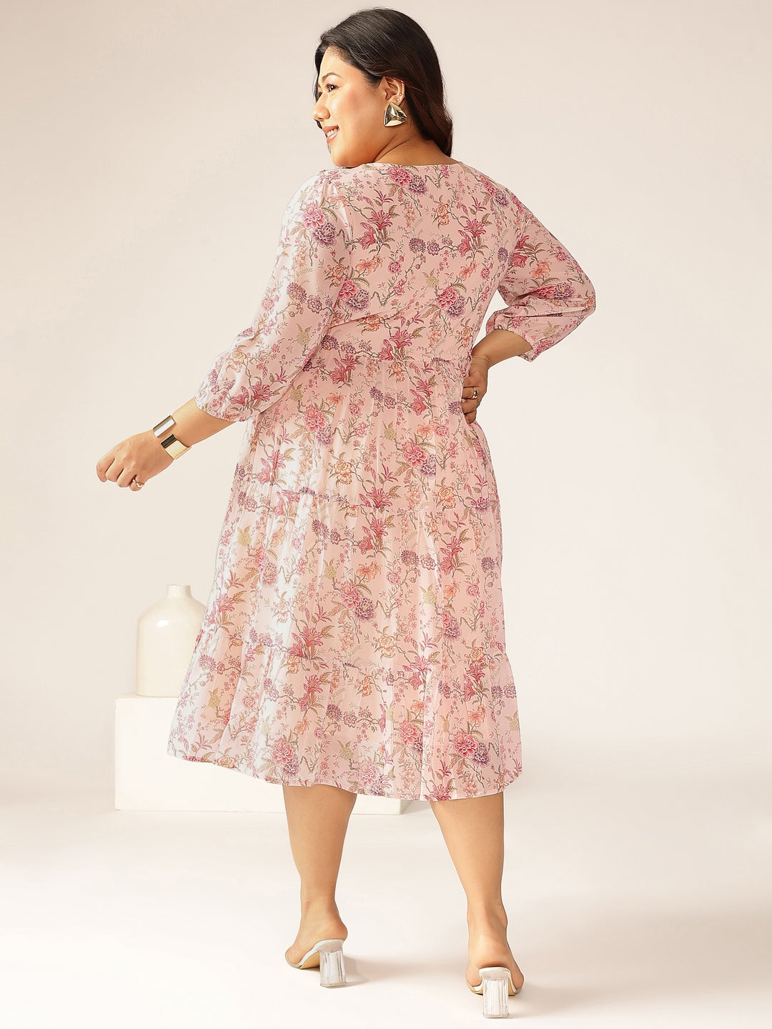 Janasya Light Georgette Floral Tiered Dress 