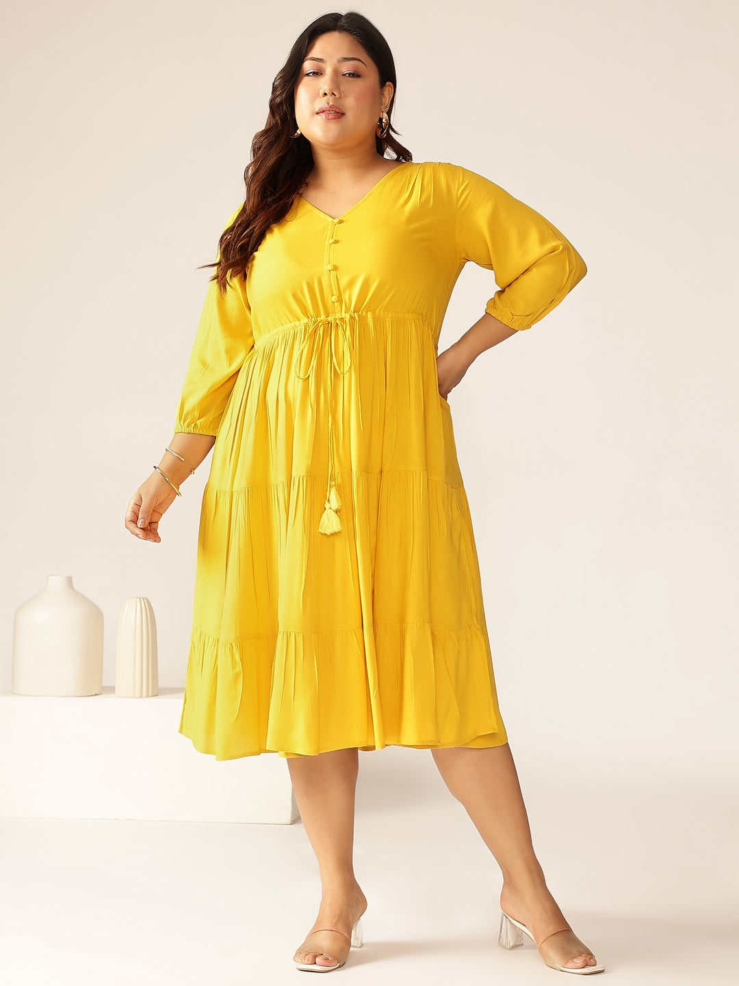 Janasya Dark Rayon Solid Tiered Dress 