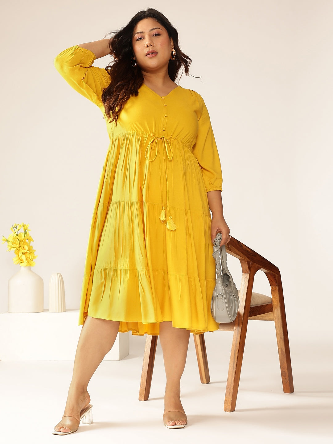 Janasya Dark Rayon Solid Tiered Dress 