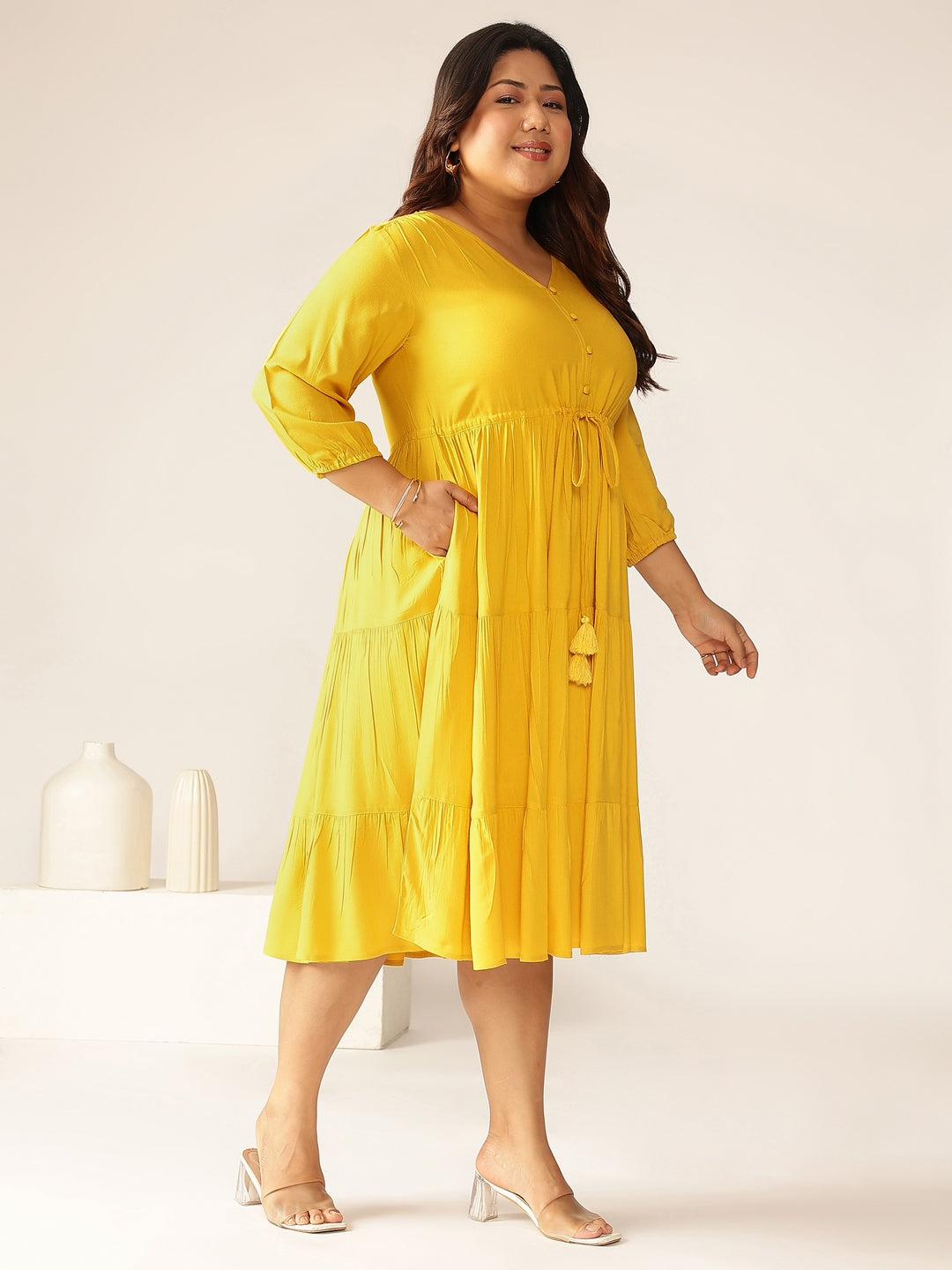 Janasya Dark Rayon Solid Tiered Dress 