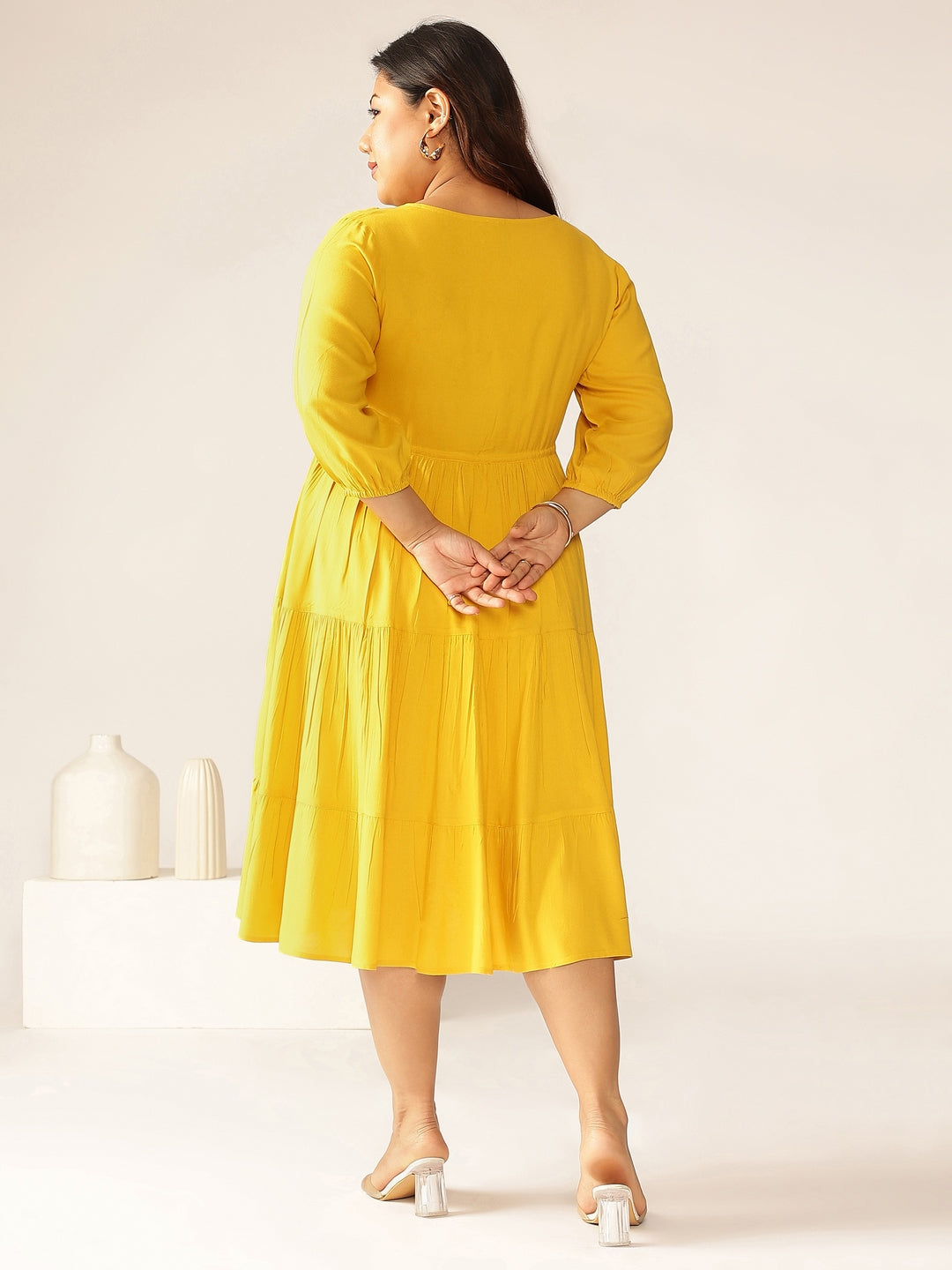 Janasya Dark Rayon Solid Tiered Dress 