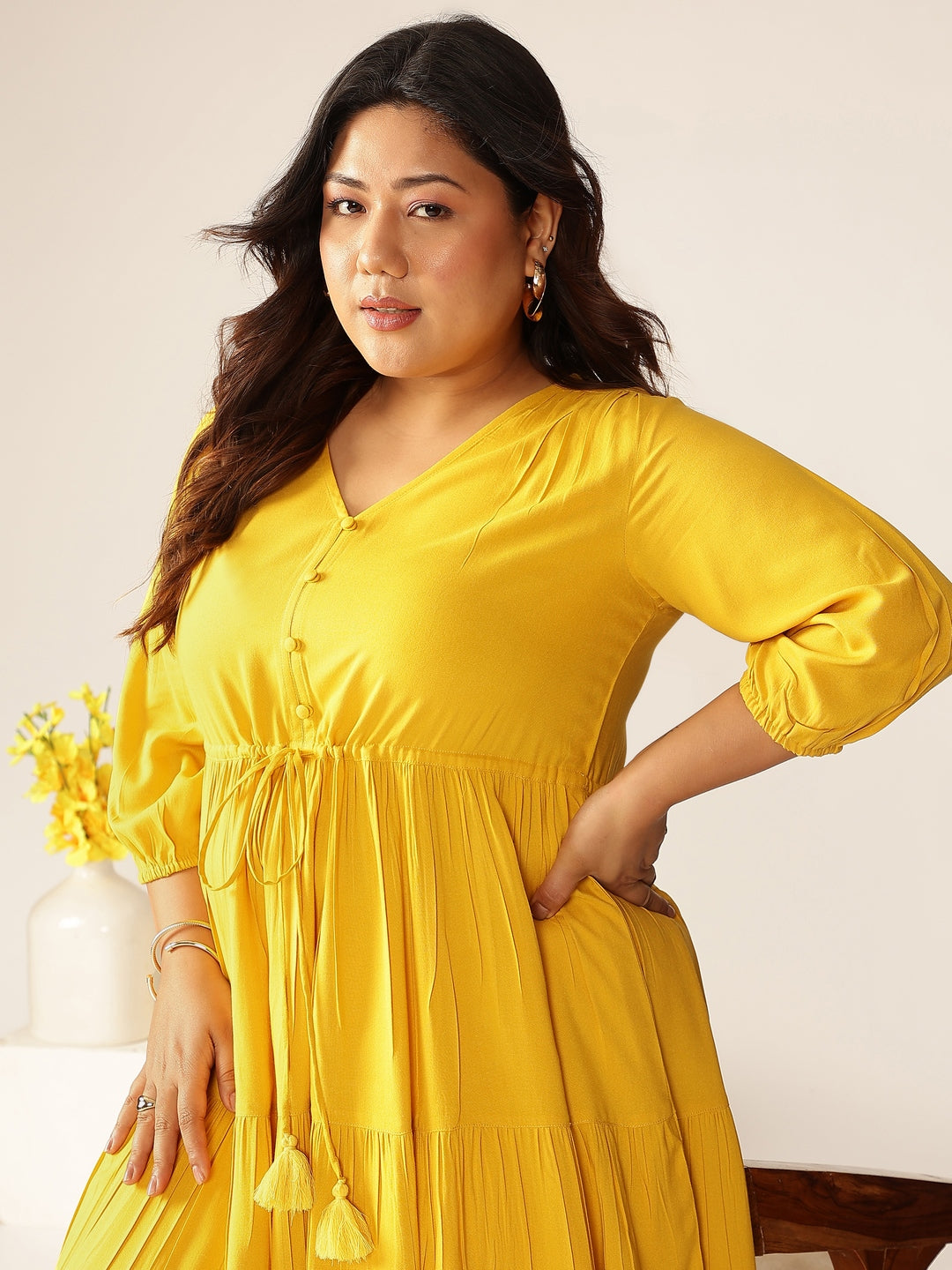Janasya Dark Rayon Solid Tiered Dress 