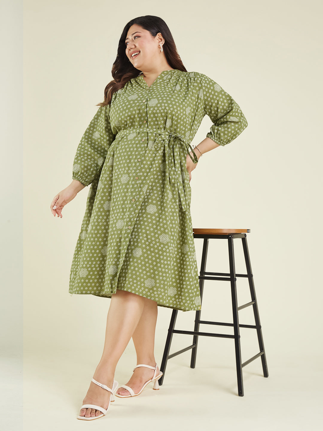 Janasya Dark Cotton Floral A-Line Dress 