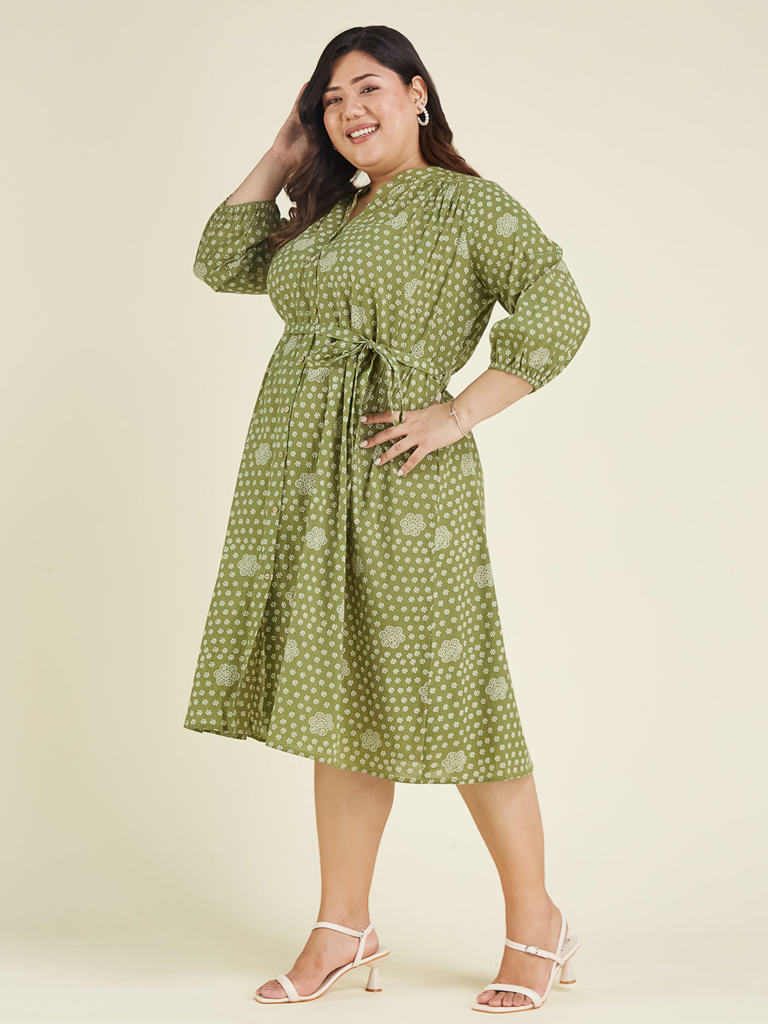 Janasya Dark Cotton Floral A-Line Dress 
