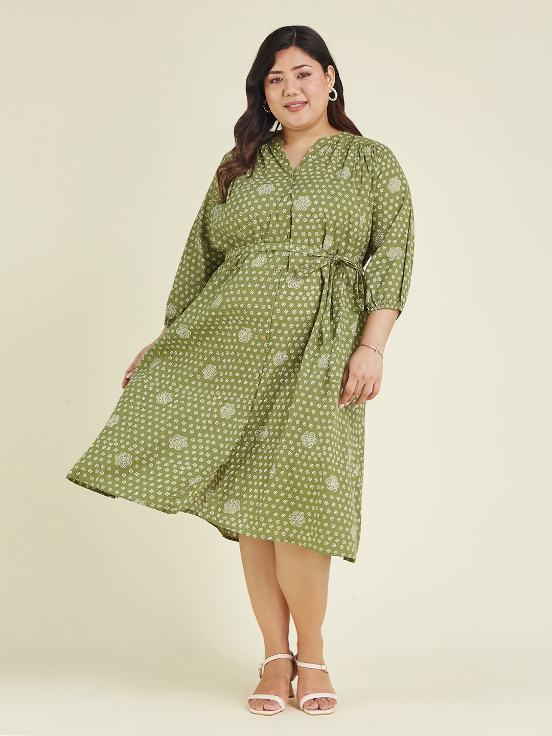 Janasya Dark Cotton Floral A-Line Dress 