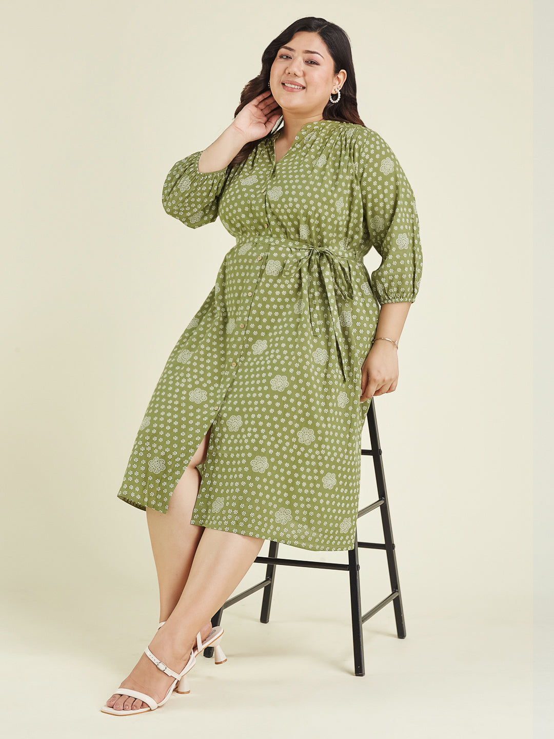 Janasya Dark Cotton Floral A-Line Dress 