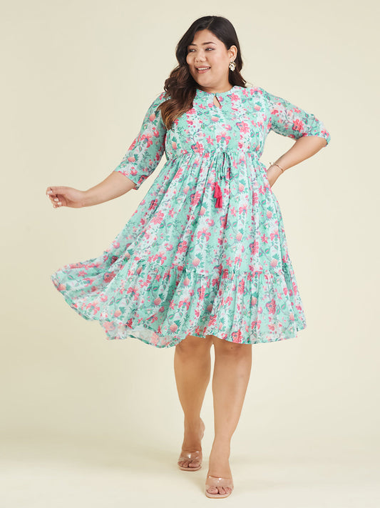 Janasya Light Georgette Floral Fit & Flare Dress 