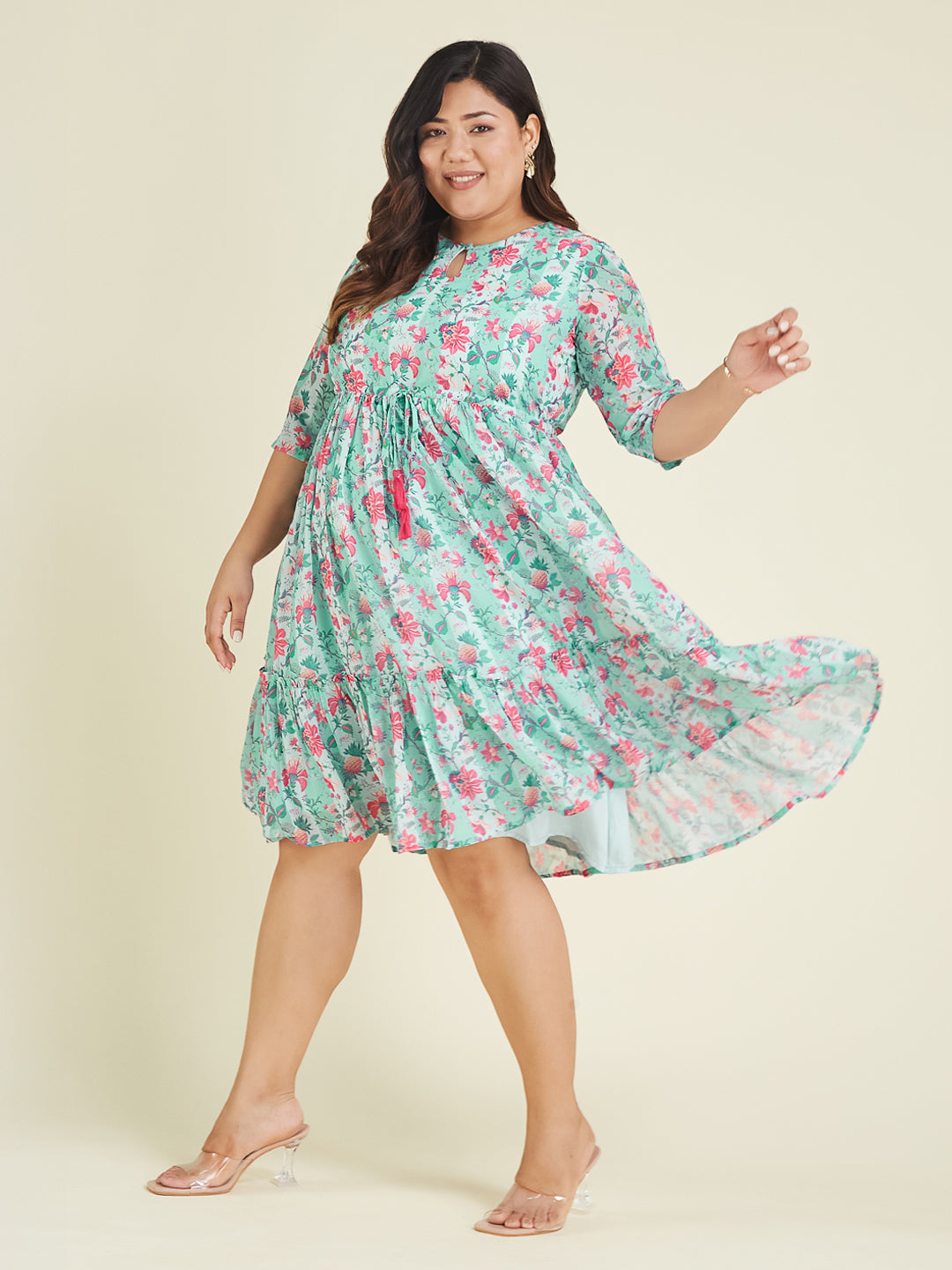 Janasya Light Georgette Floral Fit & Flare Dress 