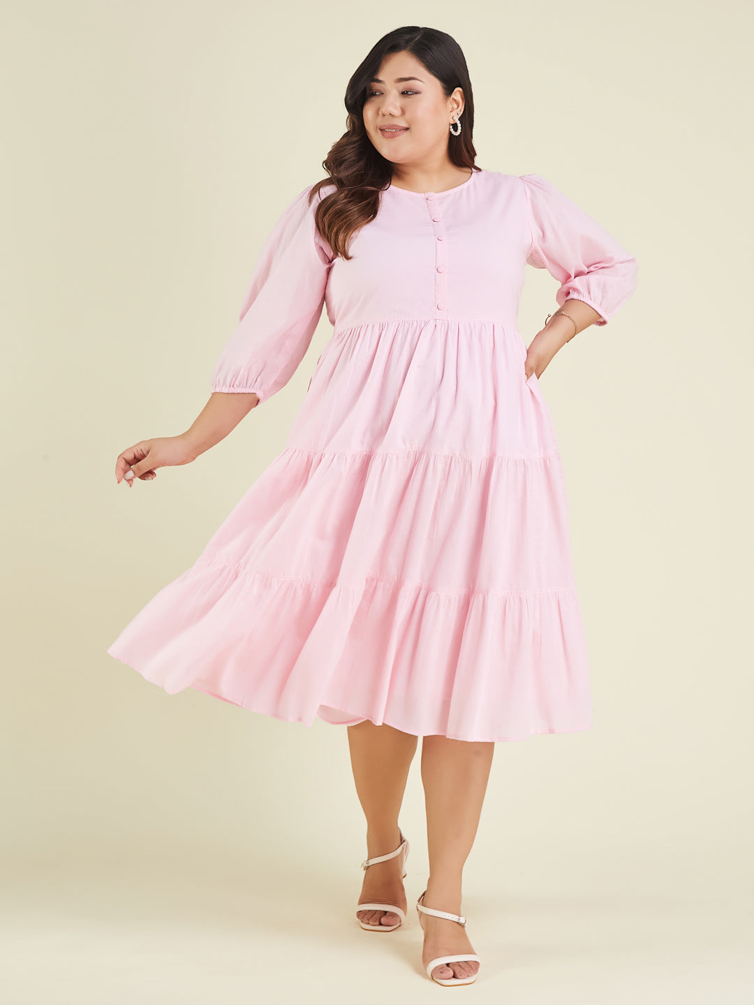 Janasya Cotton Solid Tiered Dress 