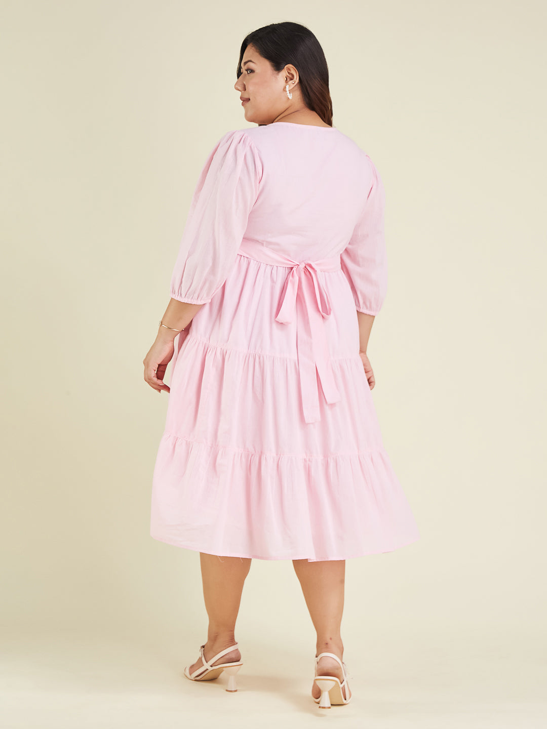 Janasya Cotton Solid Tiered Dress 