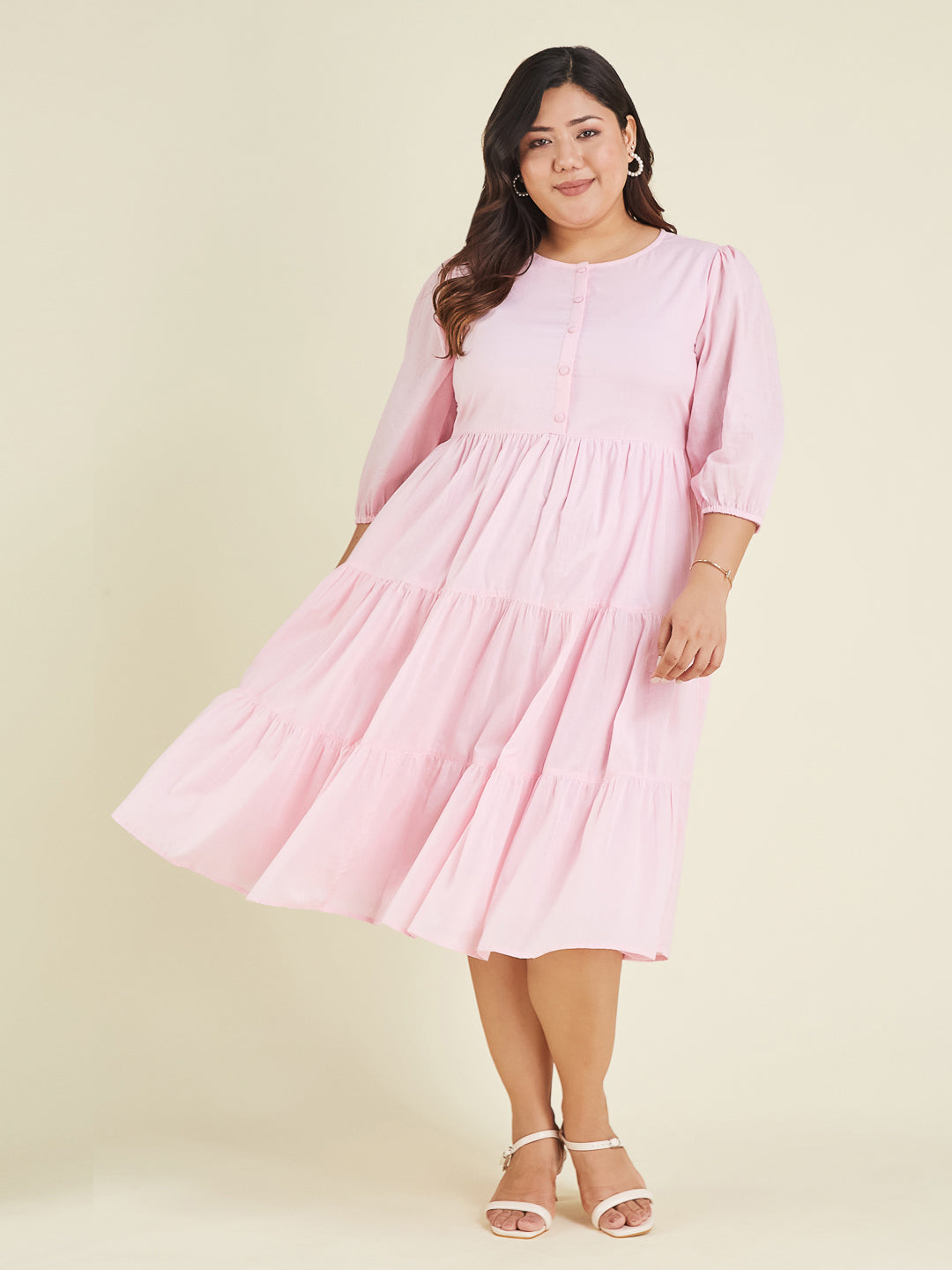 Janasya Cotton Solid Tiered Dress 