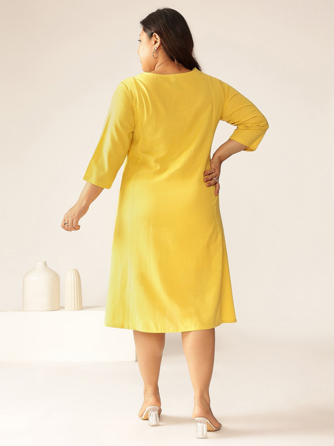 Janasya Bright Cotton Solid A-Line Dress 
