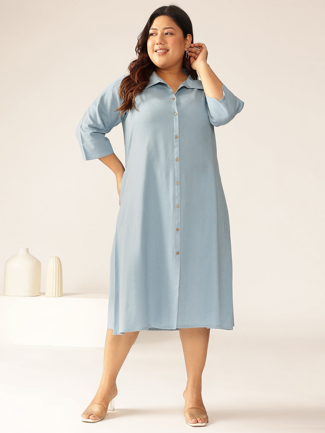 Janasya Light Cotton Solid A-Line Dress 