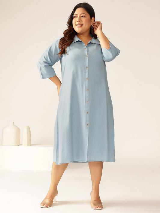 Janasya Light Cotton Solid A-Line Dress 