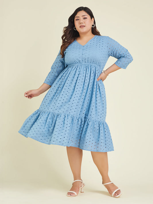Janasya Light Cotton Schiffli Fit & Flare Dress 