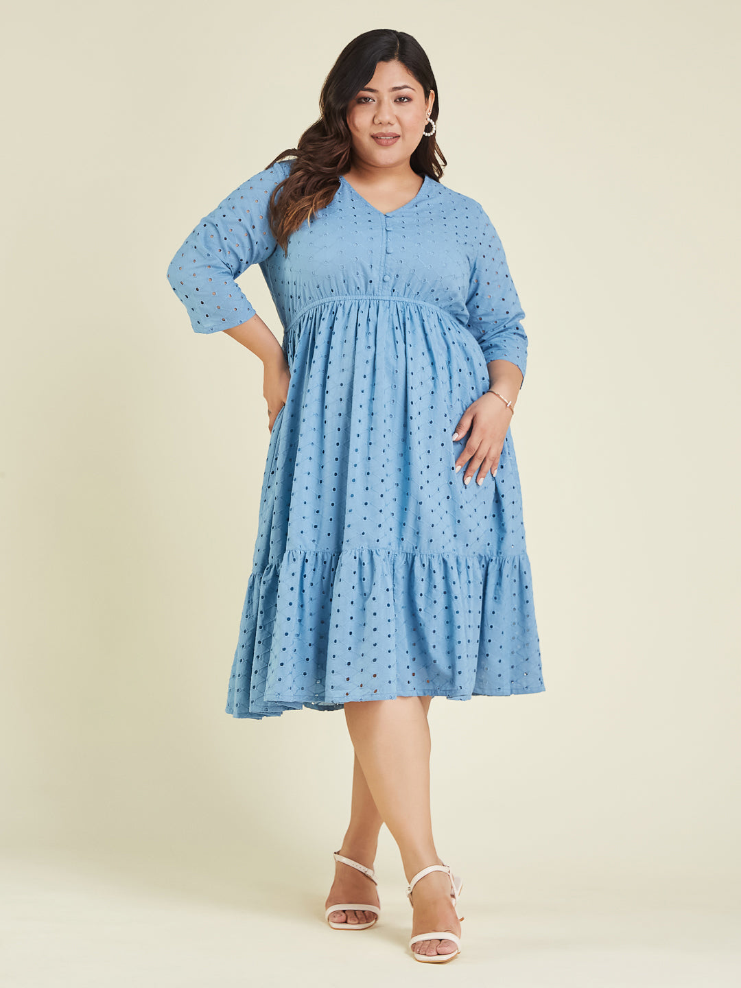 Janasya Light Cotton Schiffli Fit & Flare Dress 