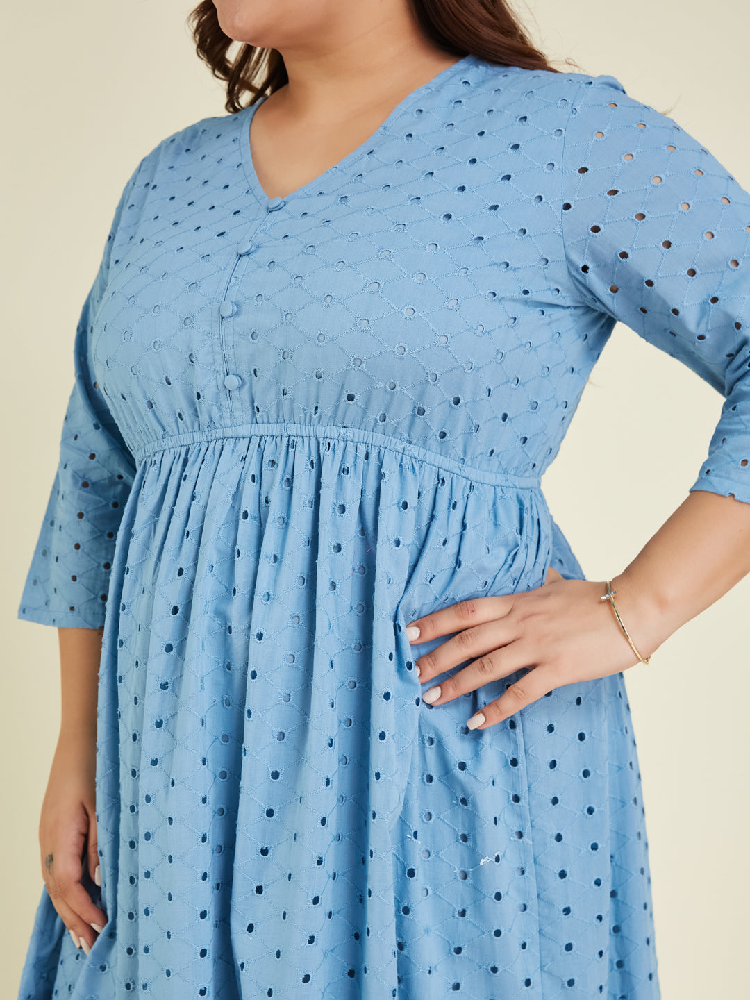 Janasya Light Cotton Schiffli Fit & Flare Dress 