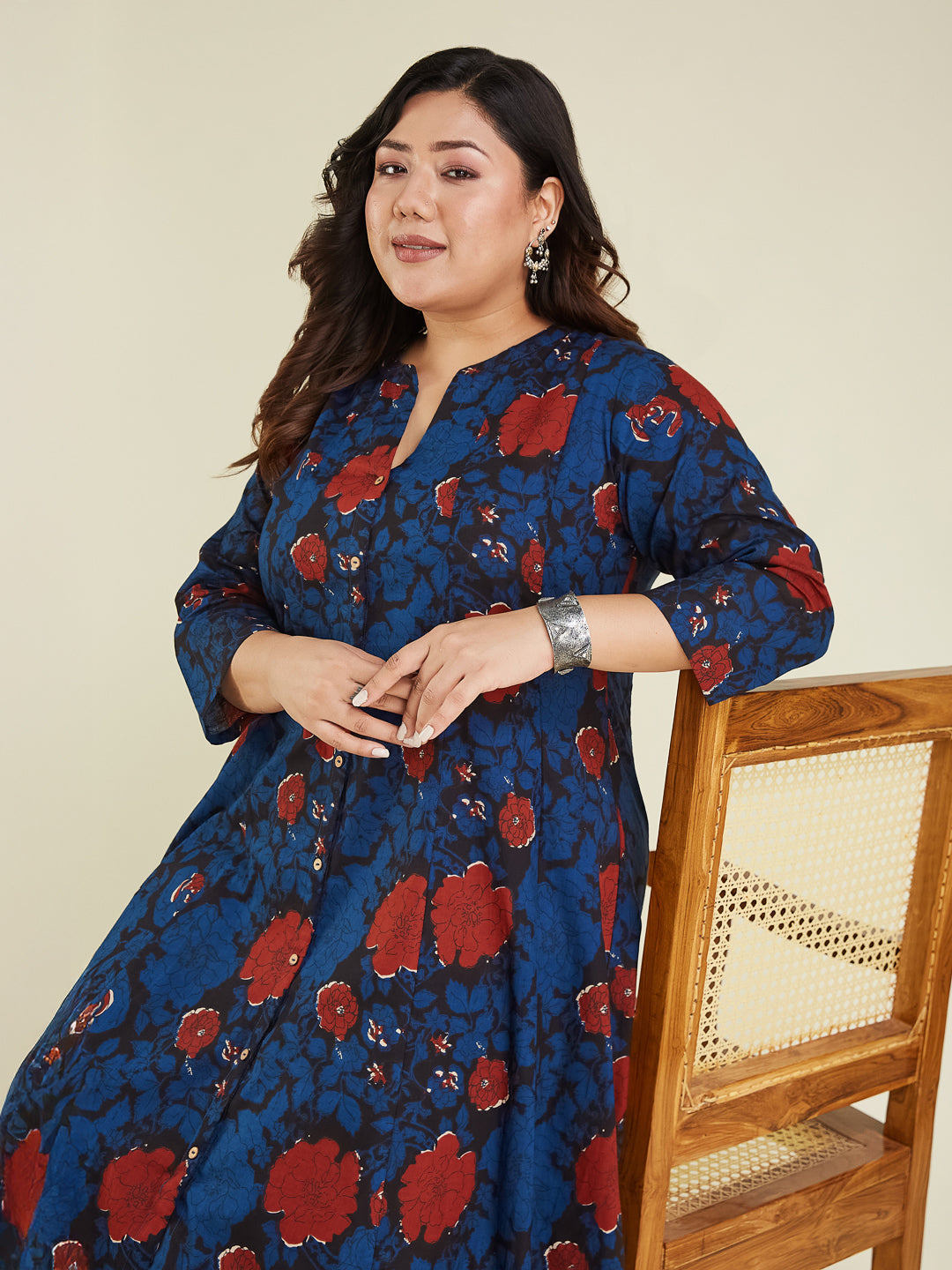 Janasya Dark Cotton Floral A-Line Kurta Set 