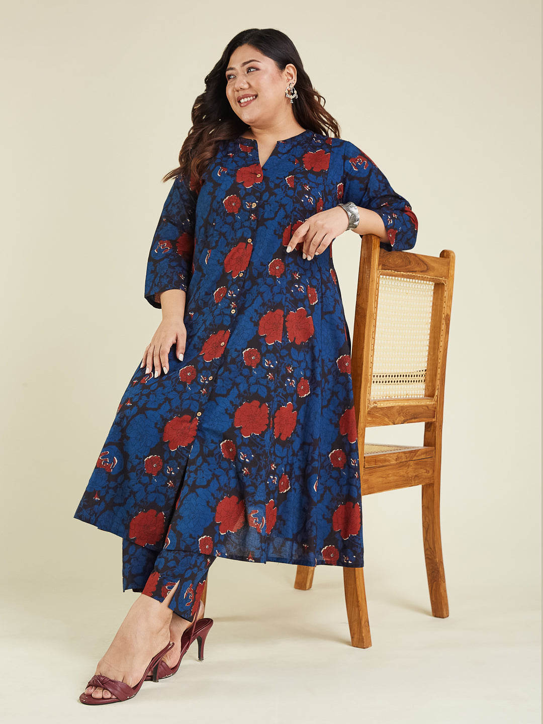 Janasya Dark Cotton Floral A-Line Kurta Set 