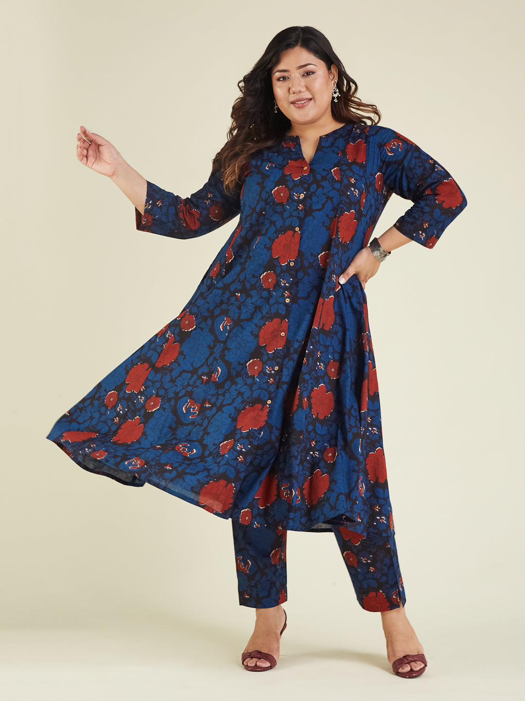 Janasya Dark Cotton Floral A-Line Kurta Set 