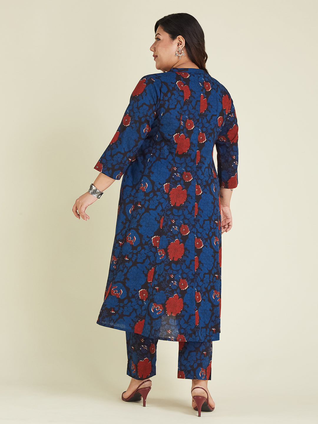 Janasya Dark Cotton Floral A-Line Kurta Set 