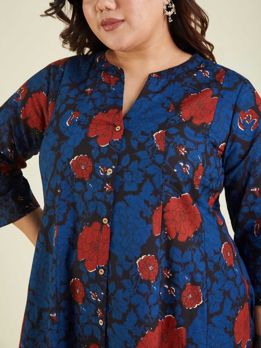 Janasya Dark Cotton Floral A-Line Kurta Set 