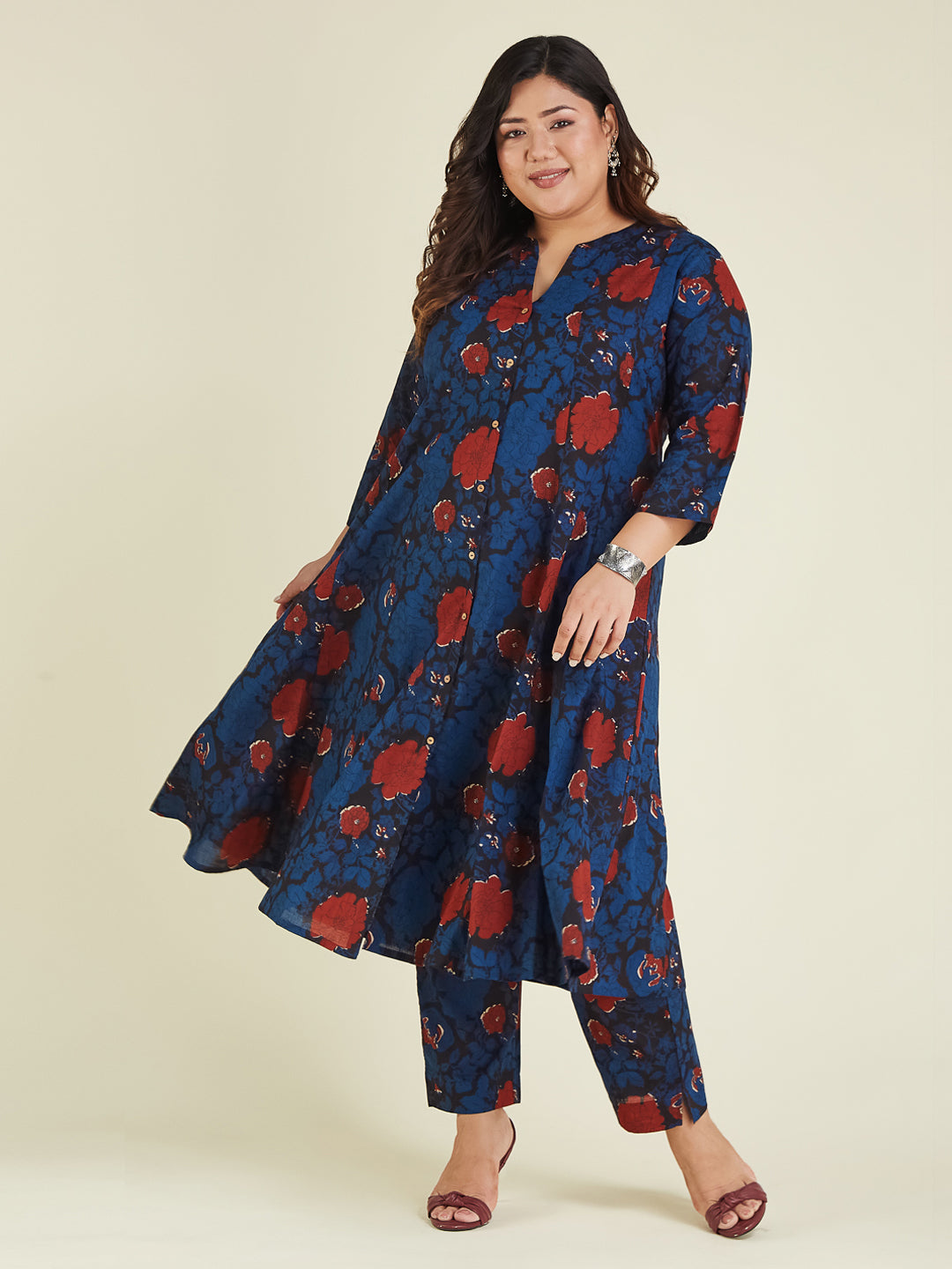 Janasya Dark Cotton Floral A-Line Kurta Set 