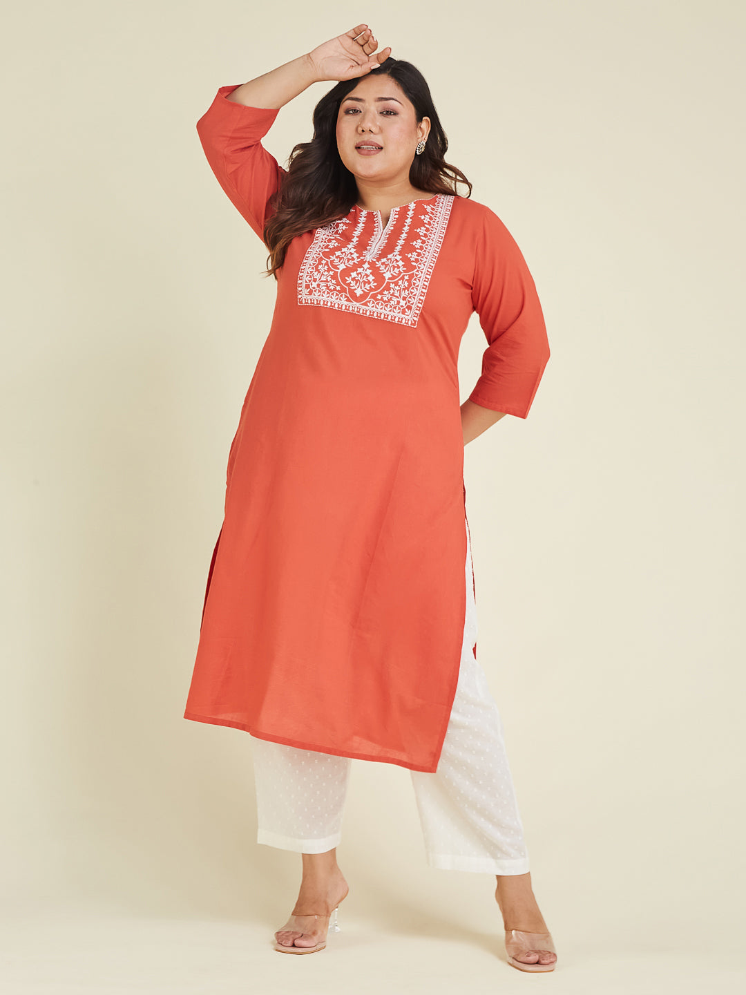 Janasya Dark Cotton Embroidered Straight Kurta 