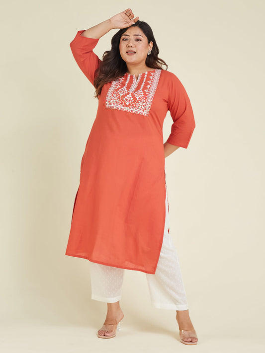 Janasya Dark Cotton Embroidered Straight Kurta 