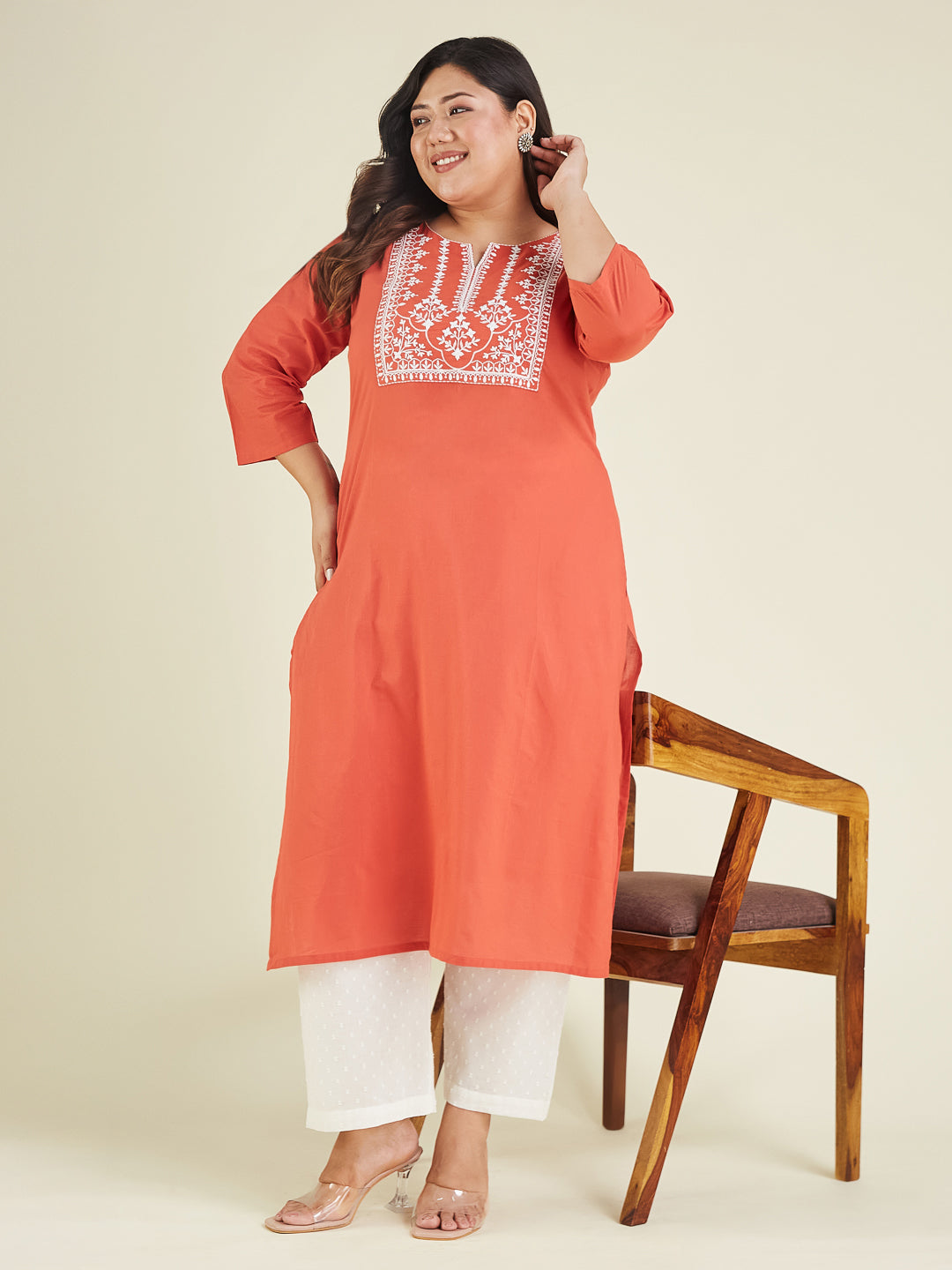 Janasya Dark Cotton Embroidered Straight Kurta 