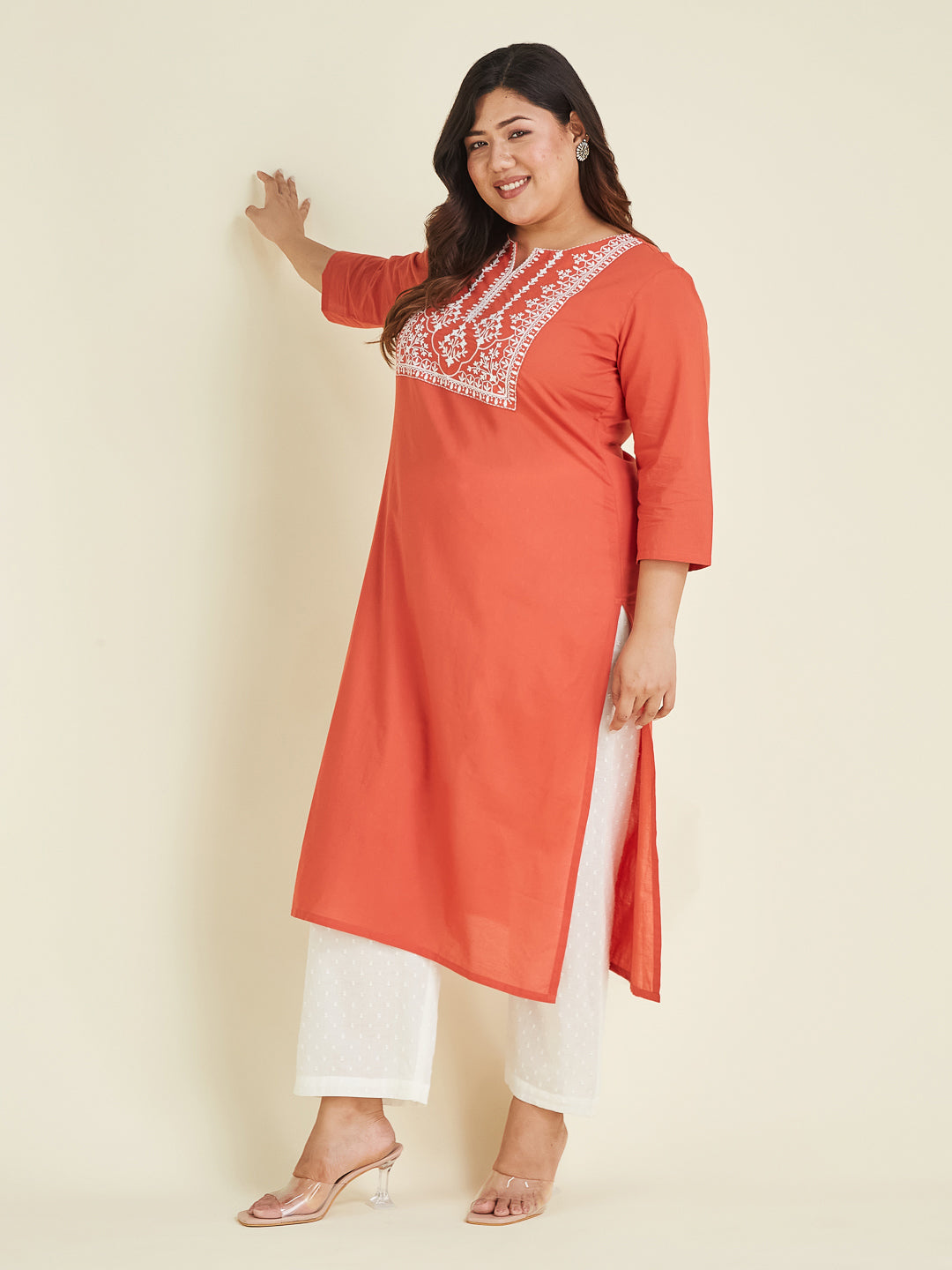 Janasya Dark Cotton Embroidered Straight Kurta 