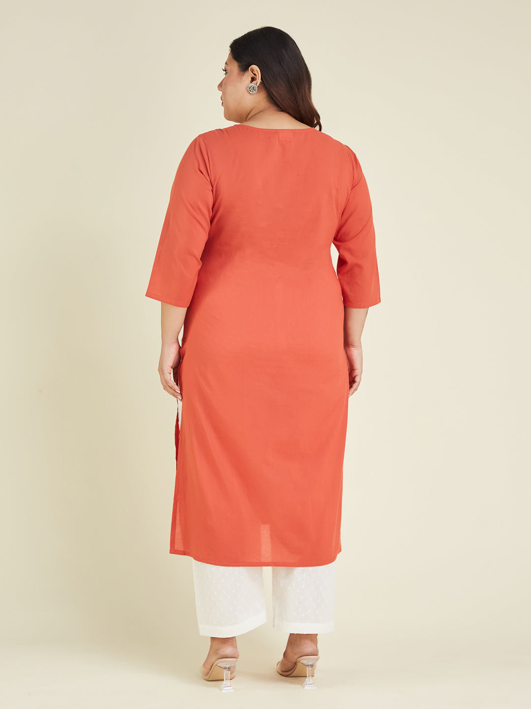 Janasya Dark Cotton Embroidered Straight Kurta 