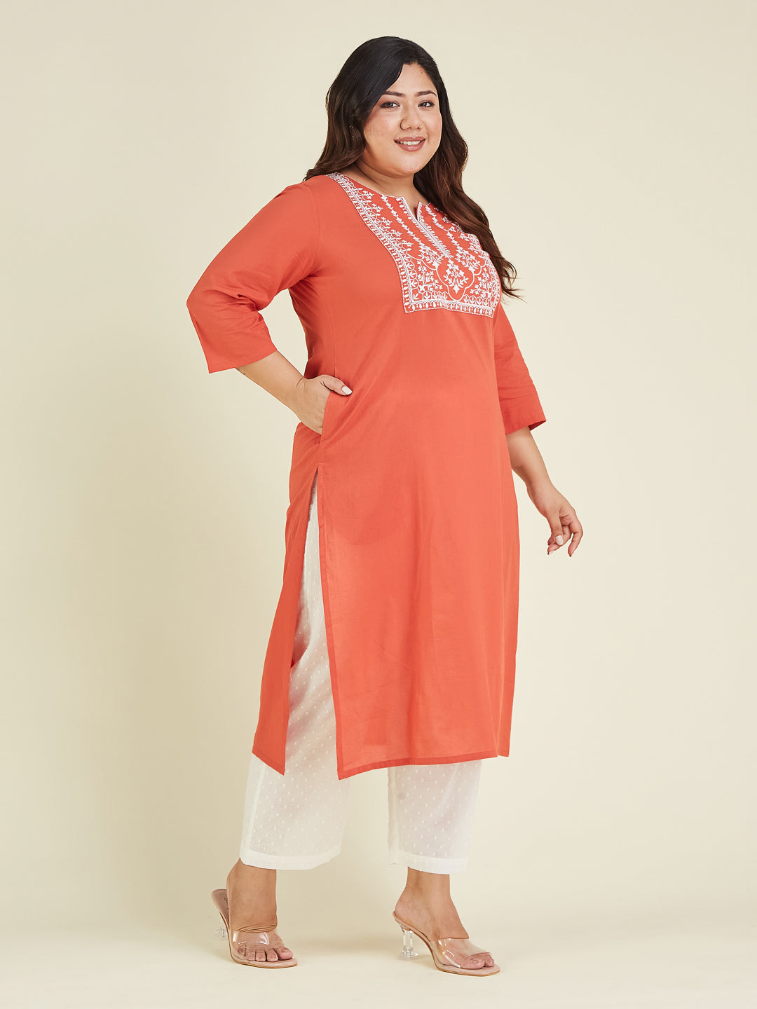 Janasya Dark Cotton Embroidered Straight Kurta 