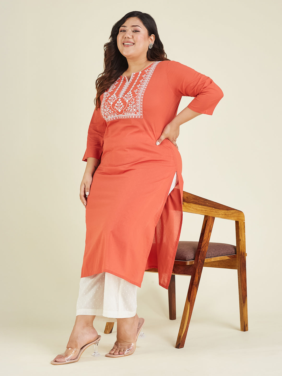 Janasya Dark Cotton Embroidered Straight Kurta 