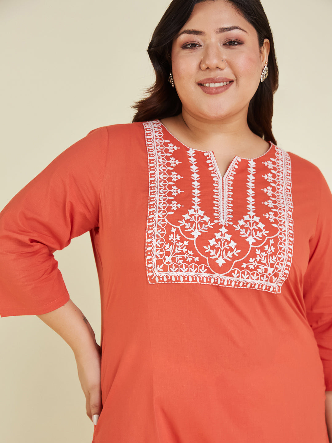 Janasya Dark Cotton Embroidered Straight Kurta 