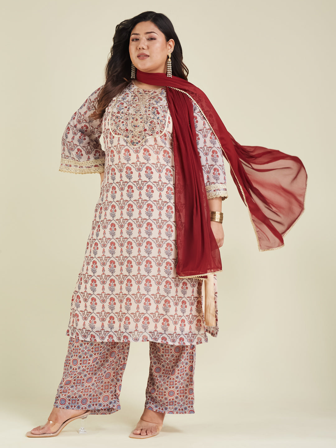 Janasya Light Georgette Yoke Embroidery A-Line Kurta Set 